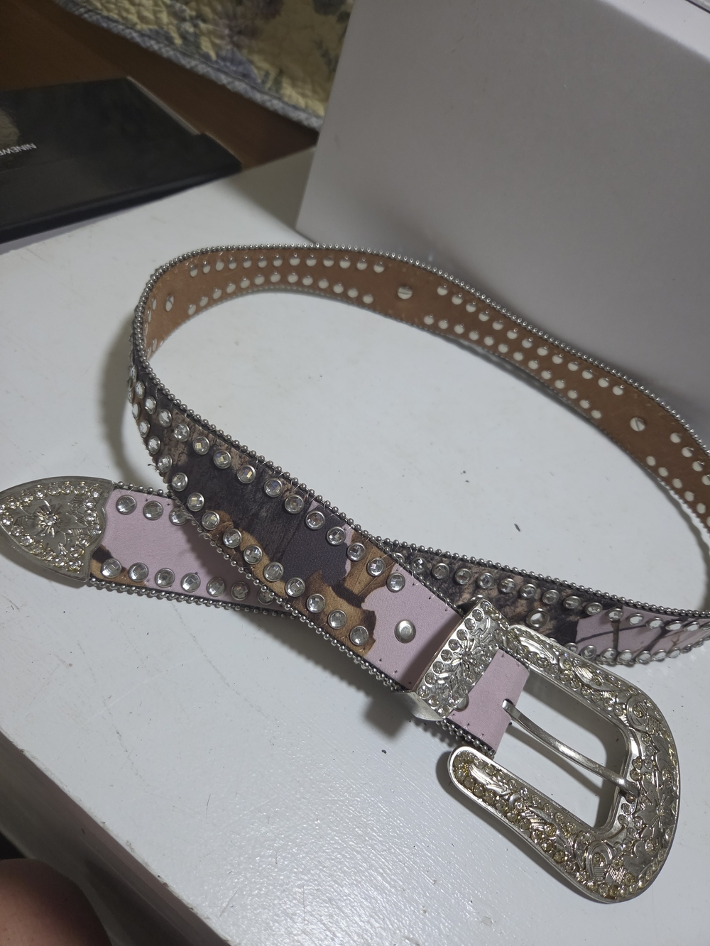 Studded Pink Leather Western-Style Belt with Silver Buckle